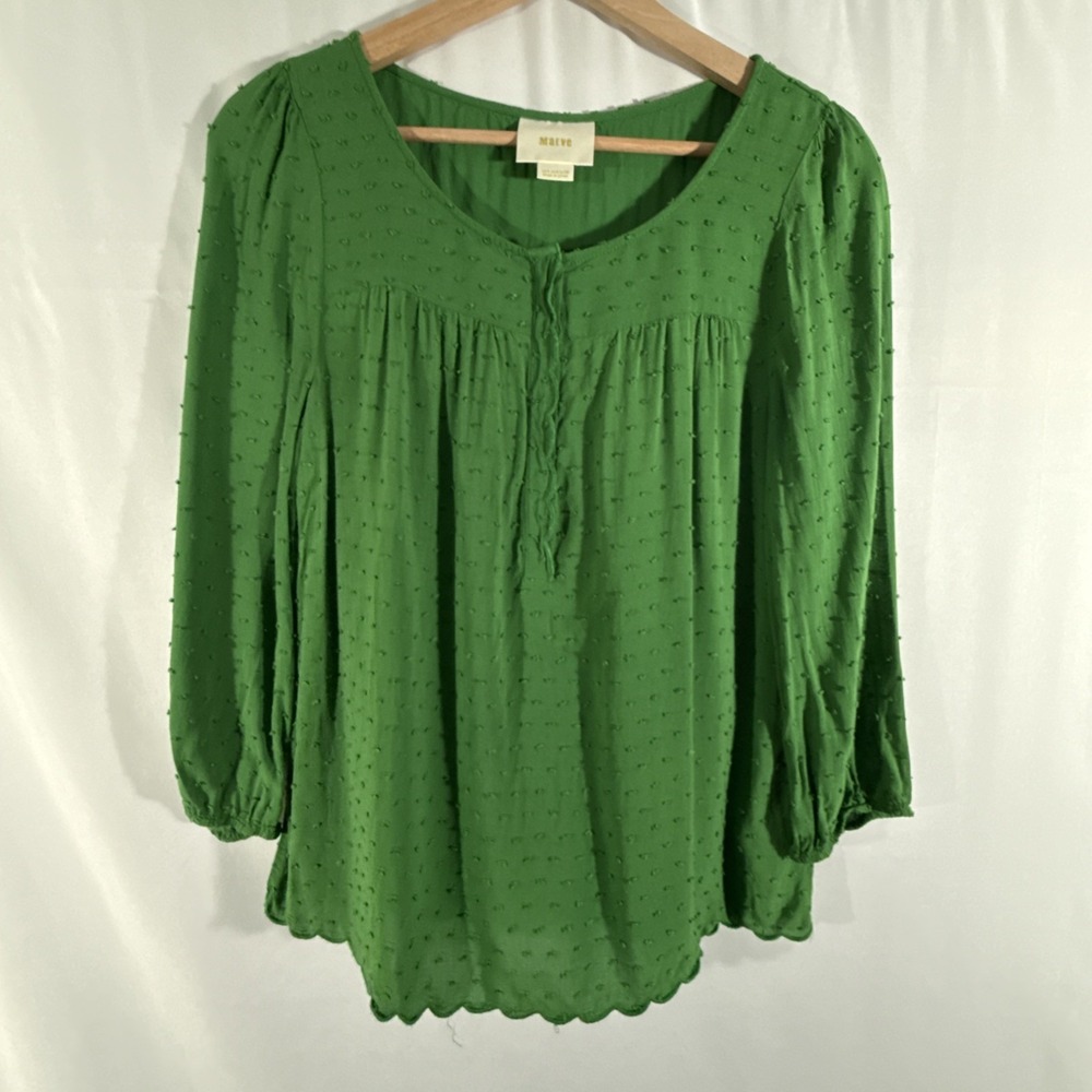 Maeve Anthropologie Green Peasant Blouse Scallop Hem Swiss Dot Boho Womens 4